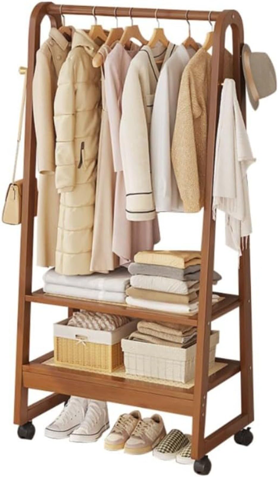 Aycdl A Ycdl Wooden Garment Rack On Wheels Sturdy Clothing Rack With Hooks Entryway Coat Stand With 2 Shelves For Nizing Clothes Nd Ccessories Stylish & Functional Storage,-70Cm