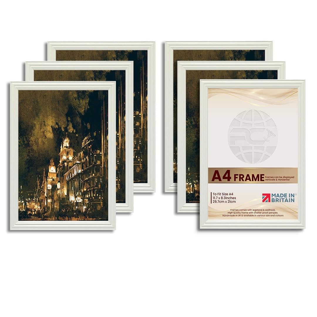 Procut Global Picture Frames A4 White (Pack of 6) - Classic A4 Frames With Safe Perspex Front & Wall Hanging Hooks - Premium Synthetic Wood - Handmade Frames