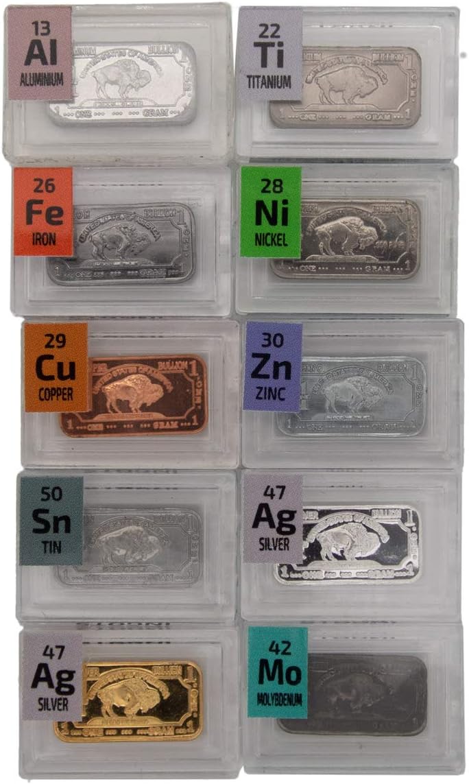 10 x 1 Gram Metal Bullion Ingots in PEGUYS Periodic Element Tiles. Iron,Titanium, Nickel, Molybdenum, Silver, Gold Plated Silver, Aluminum, Copper, Tin, Zinc. Silver.