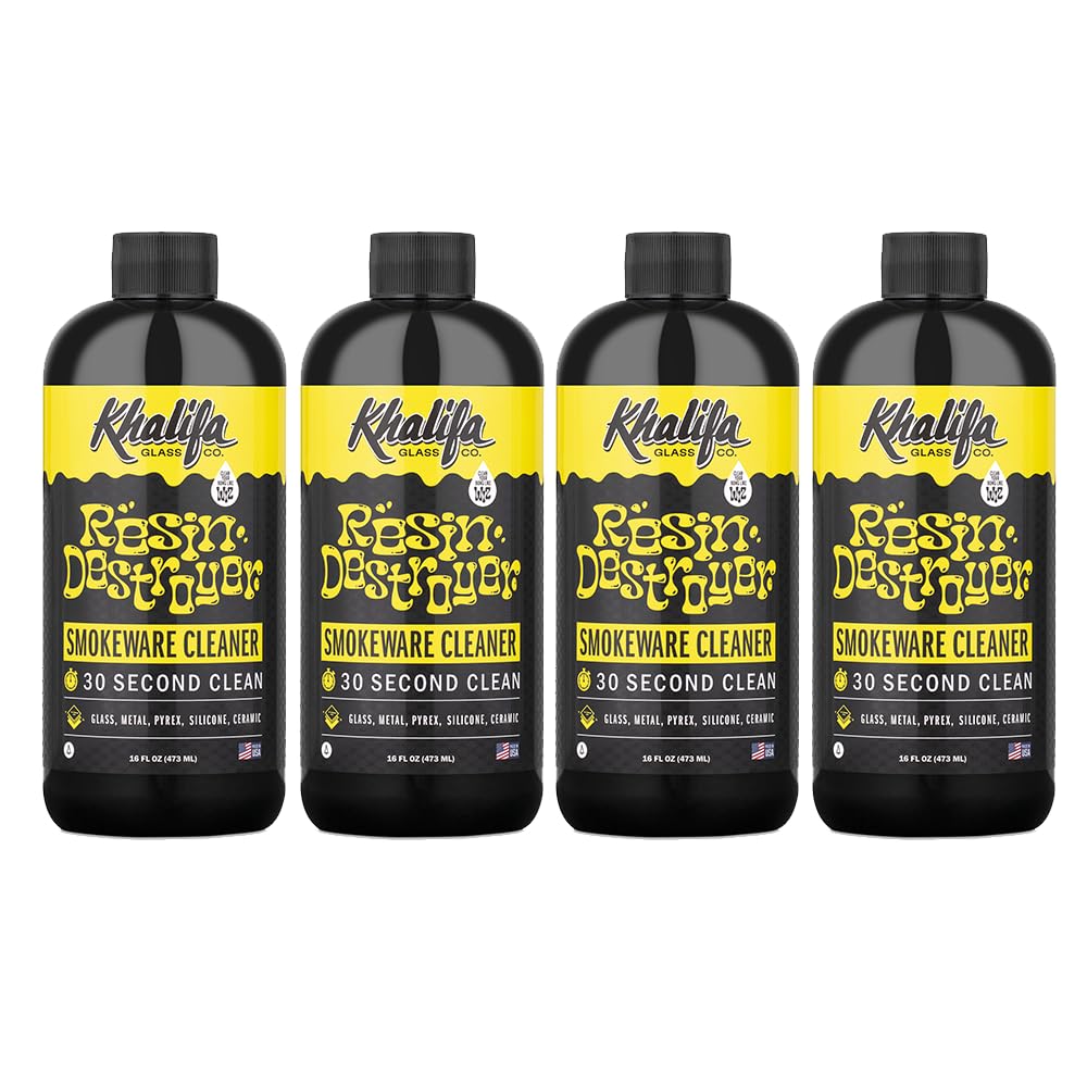 Khalifa Resin Destroyer Cleaning Solution 4 Pack 16 Fl Oz Bottles (64 Fl Oz) - Clean & Deodorize Glass, Ceramic, Silicone & Metal - Restore Your
