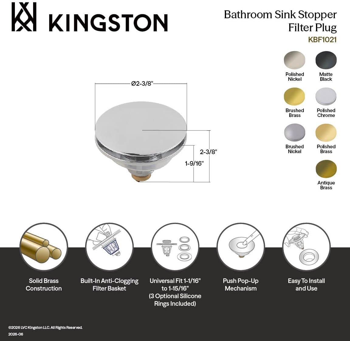 Kingston KBF1027 Trimscape Brass Sink Filter Plug, Brushed Brass