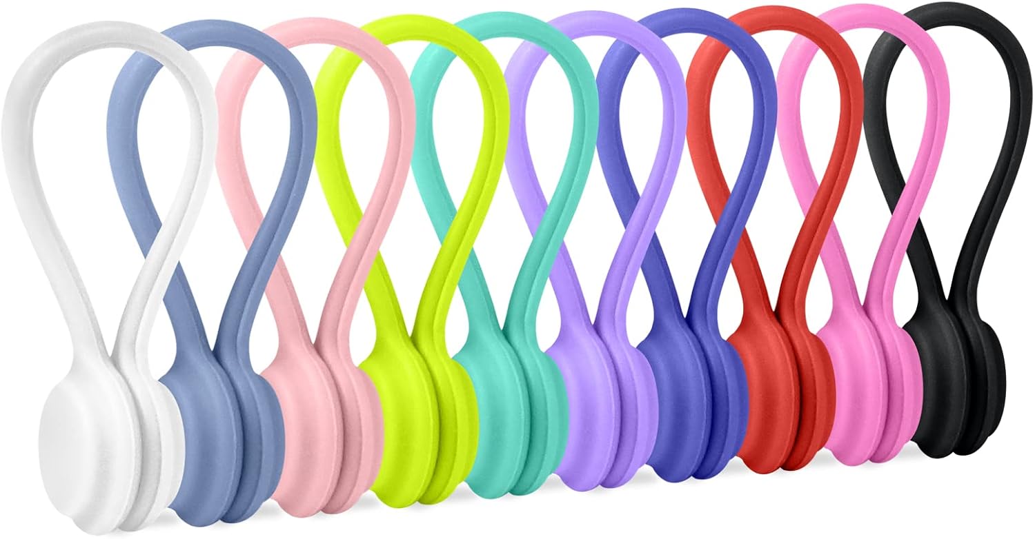 Motiloo 8 Colors-48 Pack Reusable Magnetic Cable Ties Silicone Magnetic Cable Clips Cord Organizer Management Cable Cords,Book Markers, Fridge Magnets,Multicolor