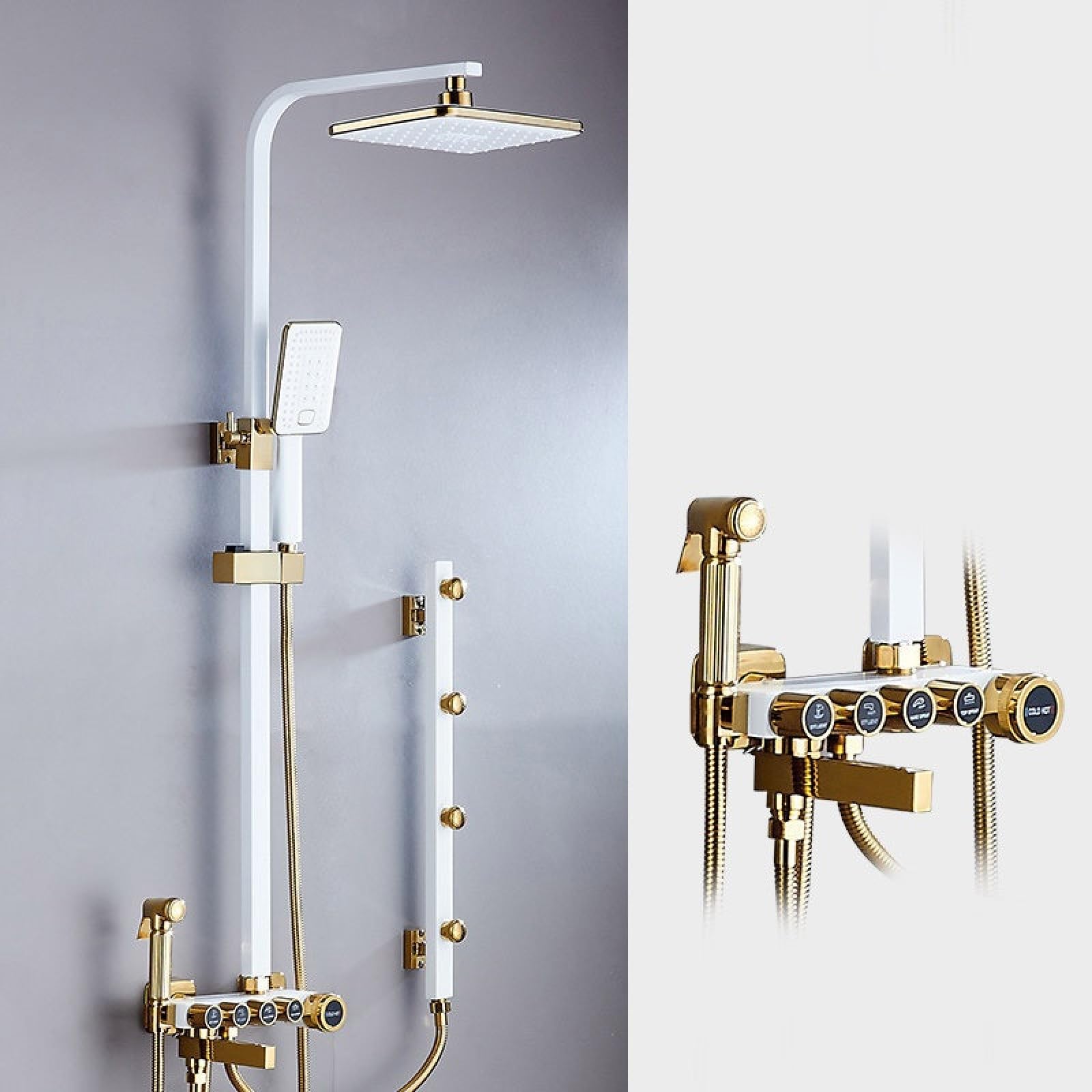 ASerZenith Family Hotel European Brass Body Faucet Bathroom Bathroom Button Shower Four-Position Black and Gold Shower Set(9E-3 Five-grade Platinum)