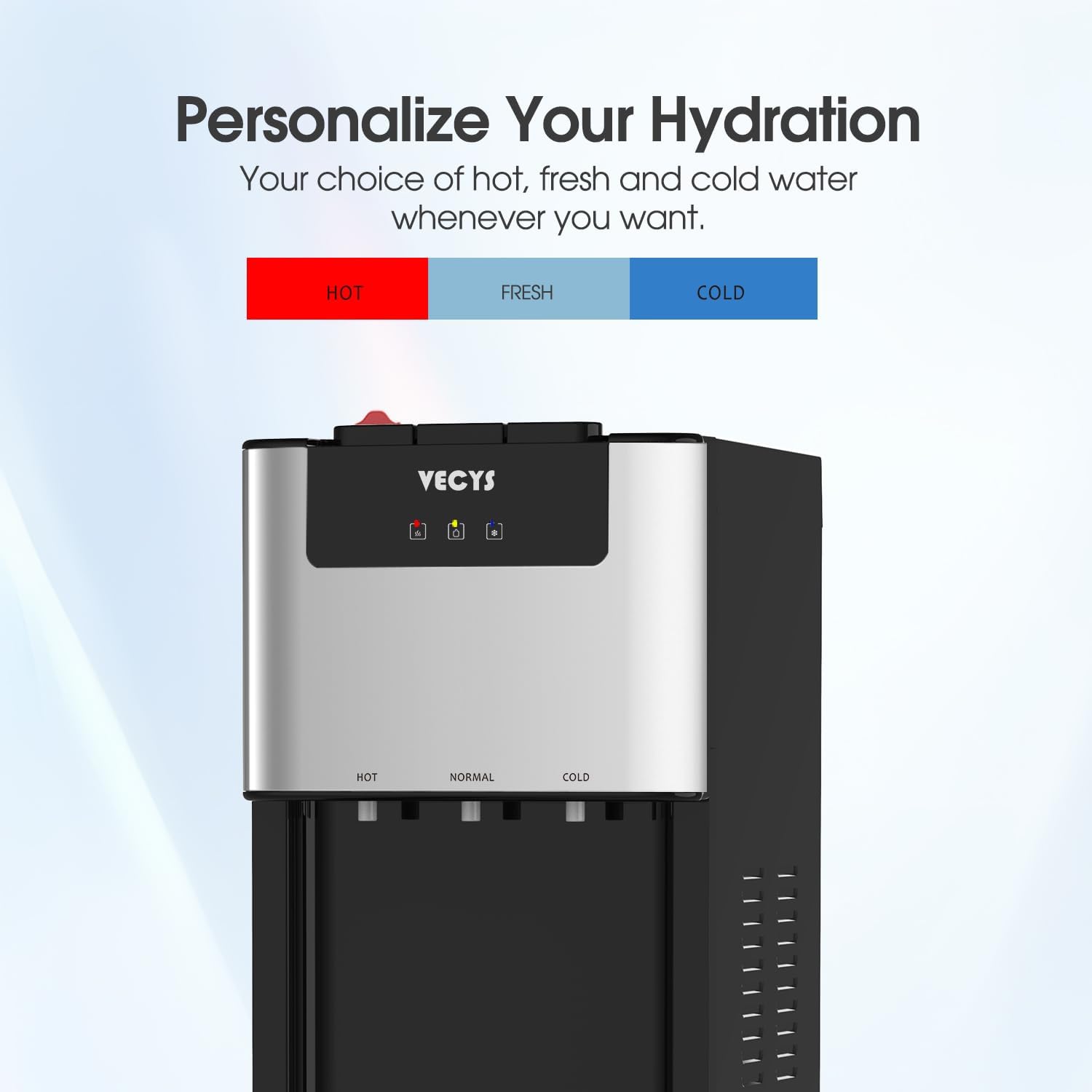 VECYS Water Dispenser showing hot, normal, and cold water options