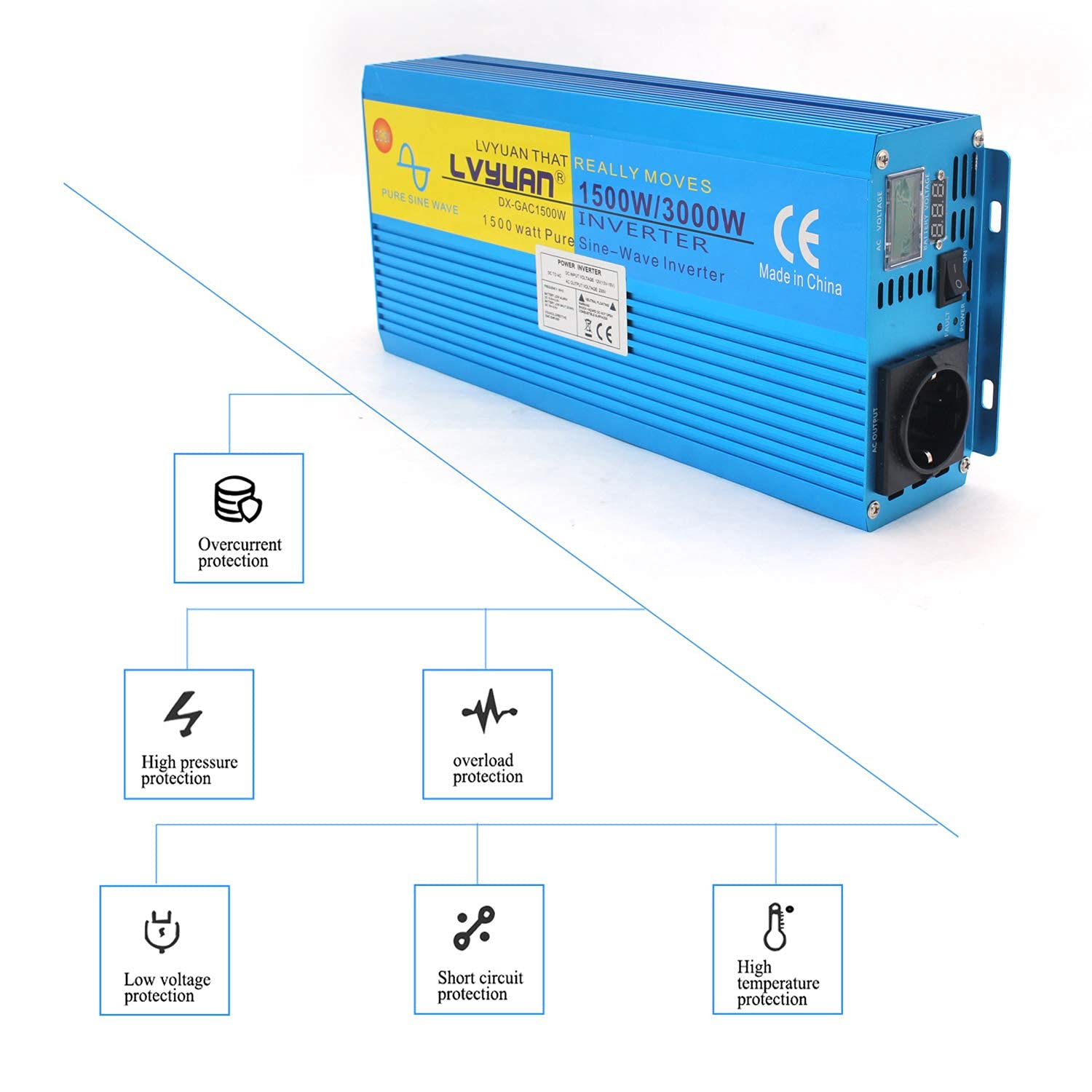 Yinleader Inversor Onda Sinusoidal Pura 1500W Transformador De 12v A 230v 3000W, Inversor De Corriente con 1 Toma Enchufe Y LCD para Coche Caravana Barco cámping de Viaje