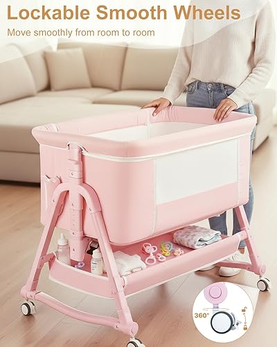 Miniatura 5 de Moisés de noche 4 en 1 para bebé, cuna portátil con ruedas, cuna de bebé con cambiador, colchón incluido y almacenamiento, cuna de viaje plegable