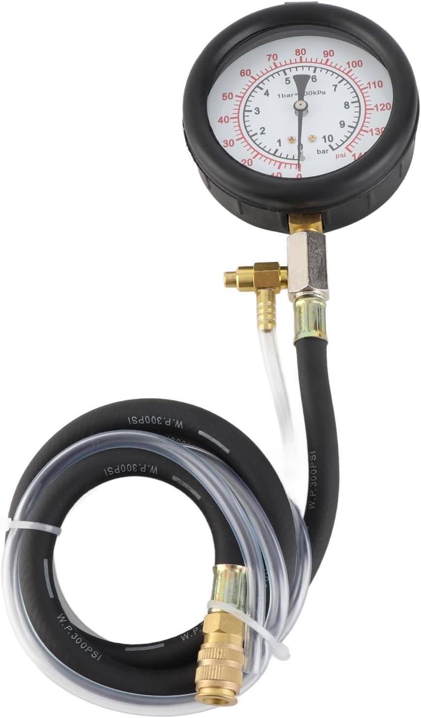Fuel Injection Pressure Tester Kit TU443-0 - 140 PSI and 0-10 Bar Fuel Pressure Gauge for Gasoline Engines - Includes Brass Adapters and Storage Case - Compatible with
