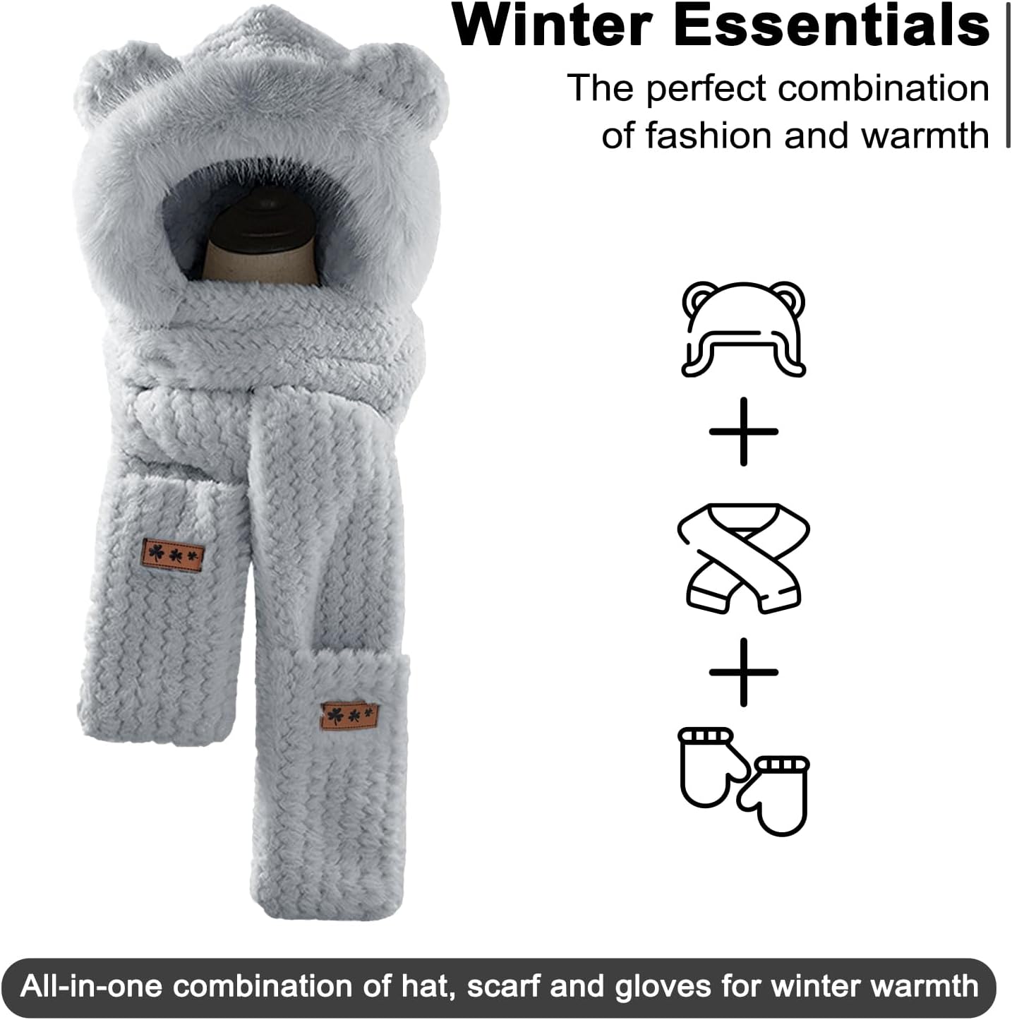 Hooded Scarf Hat Gloves for Women Winter, Bear Ears 3-in-1 Set - Plush Faux Fur, Soft and Warm, Cute Hat with Mittens - Image 3