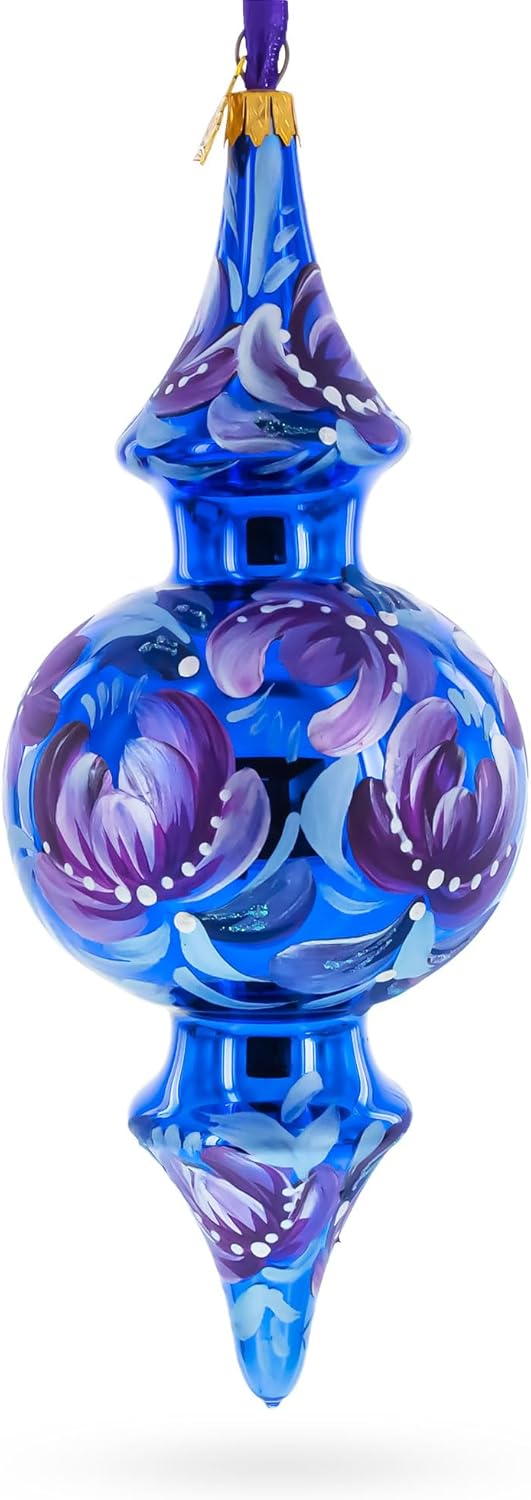 Cobalt Blue Floral Double-Ended Finial Drop Glass Christmas Ornament - Image 2
