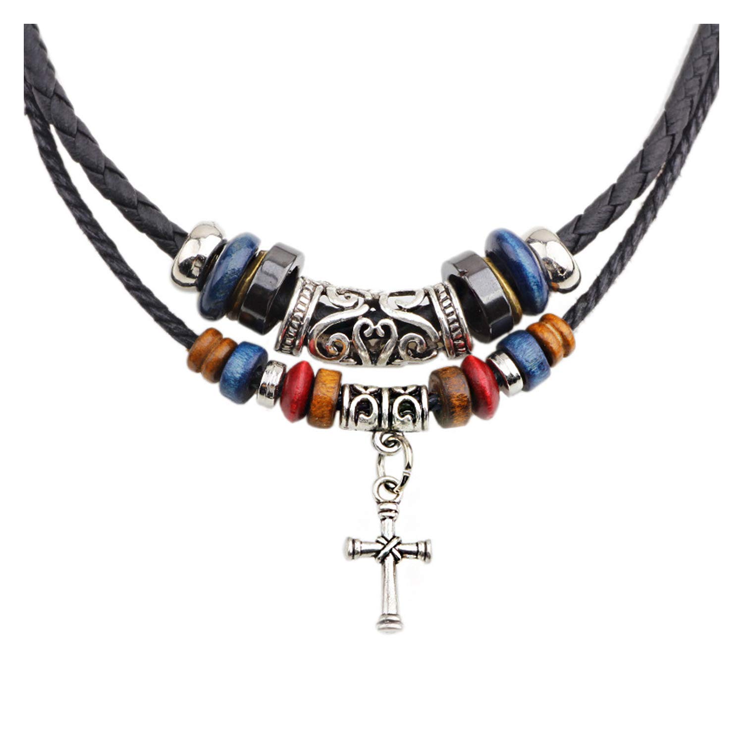 Gift MenTastic Black Leather Rope Wooden Beads Necklace for Men Princess Length Multilayer Silver Cross Charm Pendant for Boys Western Fancy Fashion Jewelry-image-10