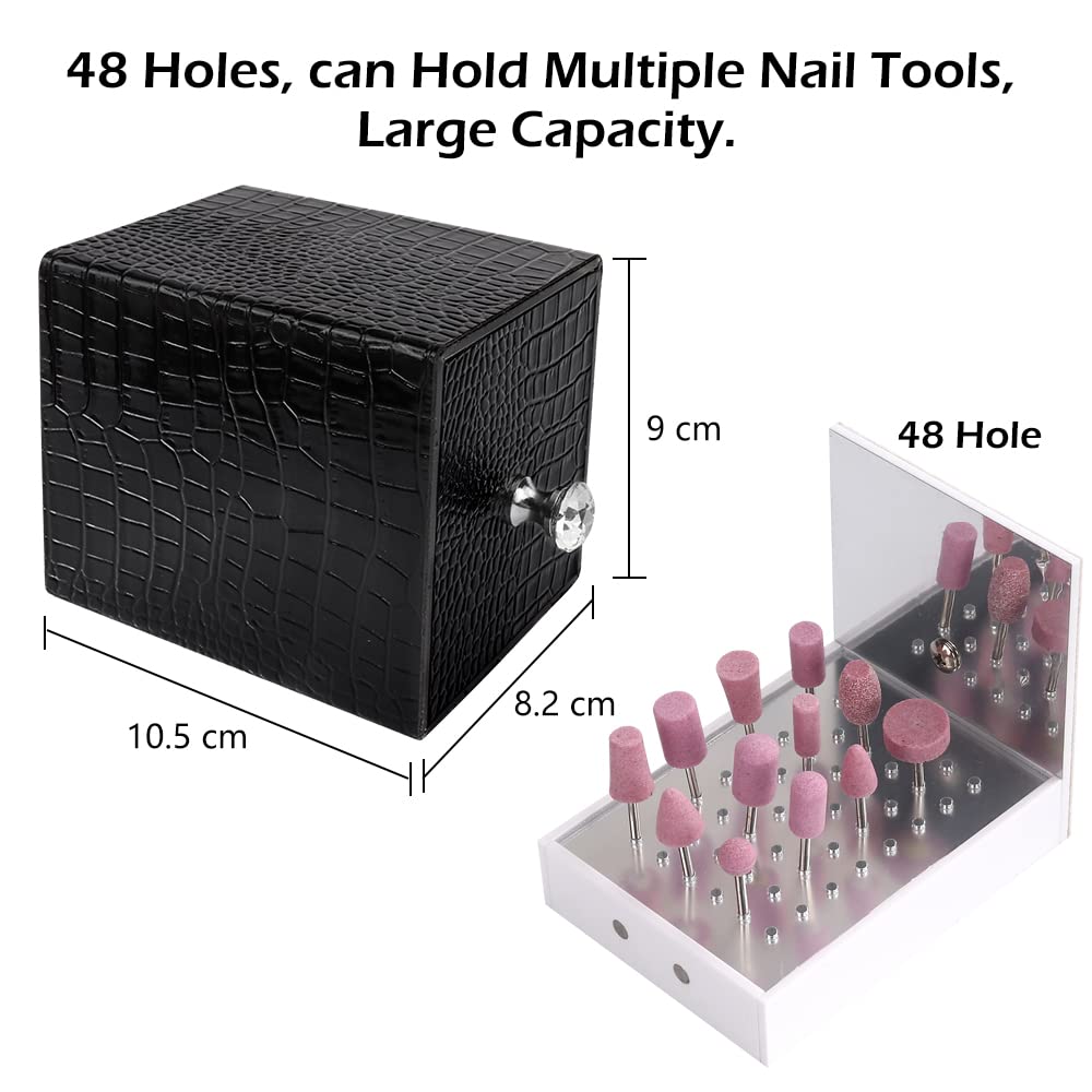 Nail Drill Bit Holder,Blue UV Light Box for Grinding Heads Dustproof Stand Displayer Acrylic 48 Holes Nail Salon Organizers Manicure Tools with USB Charging, Black (Not Inlcude Drill Bits)