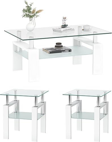 Meihua Juego de 3 mesas auxiliares de cristal y mesa auxiliar, moderno juego de mesa de sala de estar con marco de vidrio templado y metal, mesa