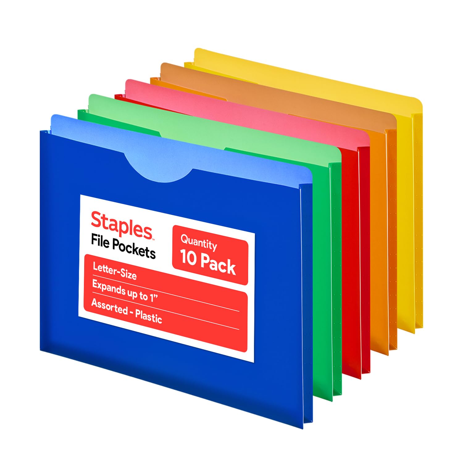 Staples Poly Expanding File Jackets, Letter Size, Moisture‑Resistant Durable Poly Folders, Assorted Colors – 10/Pack