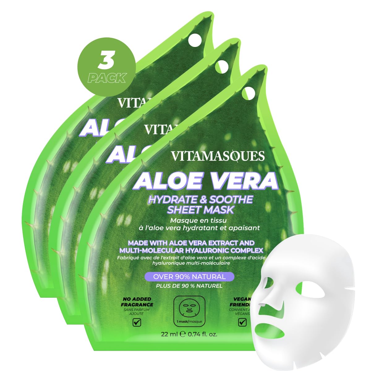 Amazon.com : Vitamasques Aloe Vera Face Sheet Mask, Hydrating + Soothing,  Sheet Mask Combined to Repair and Nourish the Facial skin (Pack of 3) :  Beauty & Personal Care