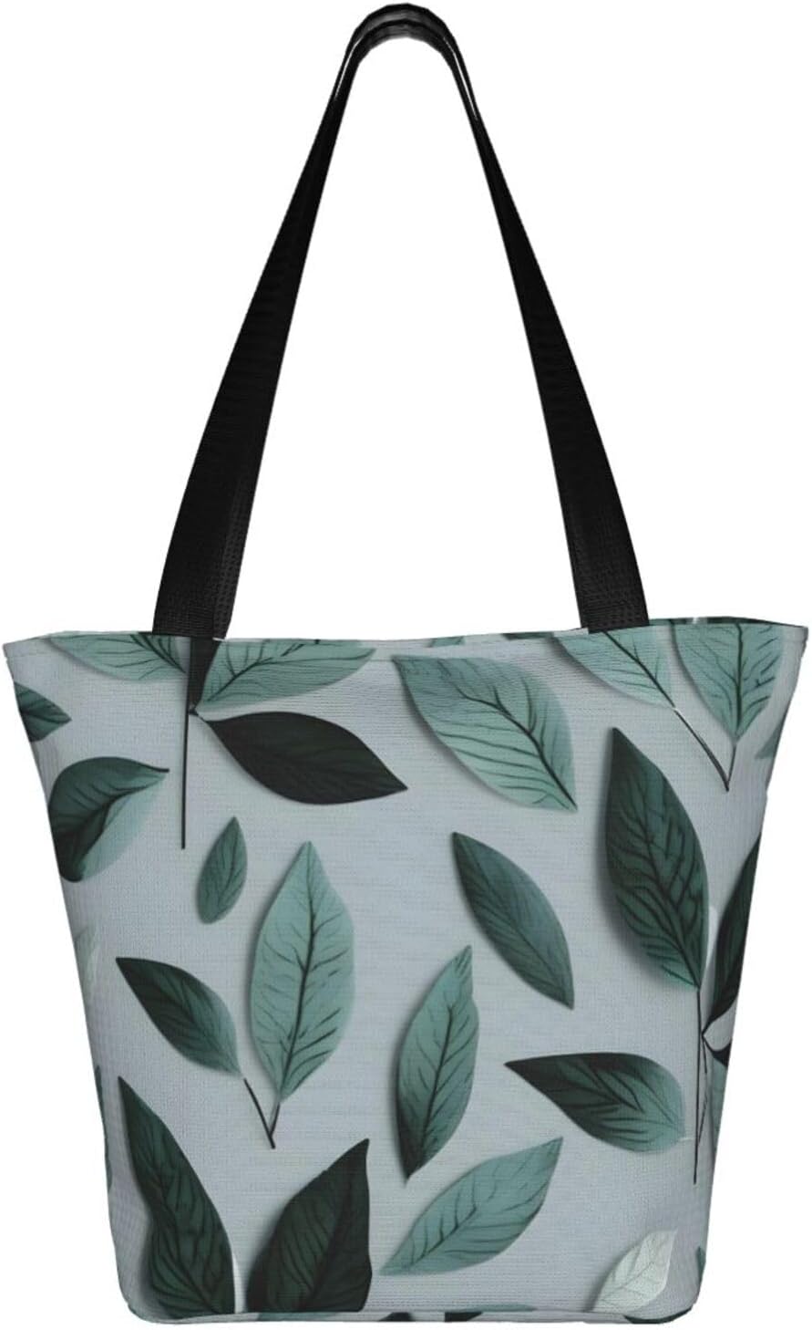 Mint Gray Leaf Print Comfortable Summer Shoulder Bag Canvas Tote Travel Beach Hiking Shopping Weekend