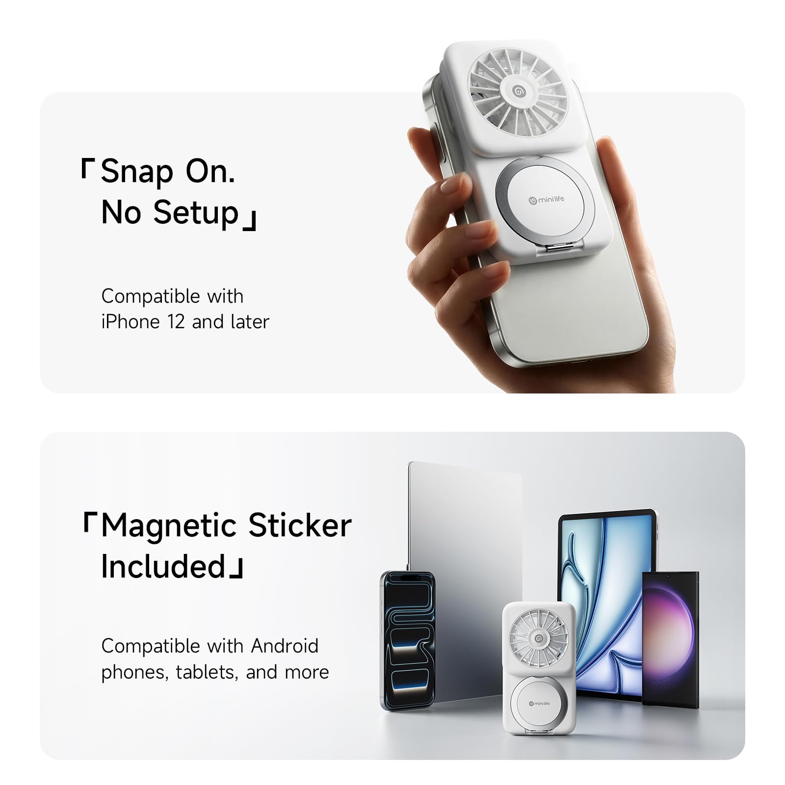minilife Magnetischer Handy-Ventilator, 7 m/s, tragbarer Mini-Desktop-Ventilator mit Telefonständer, leiser USB-wiederaufladbarer persönlicher Kühlventilator für Bürotisch und Außenbereich, lange
