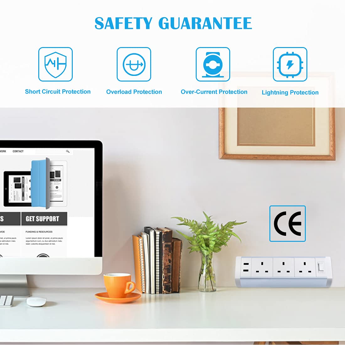 Haylink Desk Clamp Plug Socket, 3 Way Extension Lead Aluminium Alloy