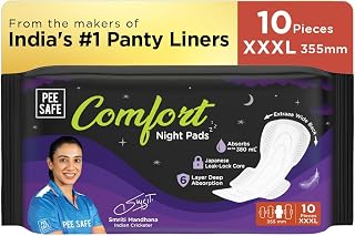 Pee Safe Comfort All Night Pads | 10 Pads 3 XL - 355mm | Extra Wide Back with Dual Wings | 6 Layer Deep Absorption | Japan... Price In India