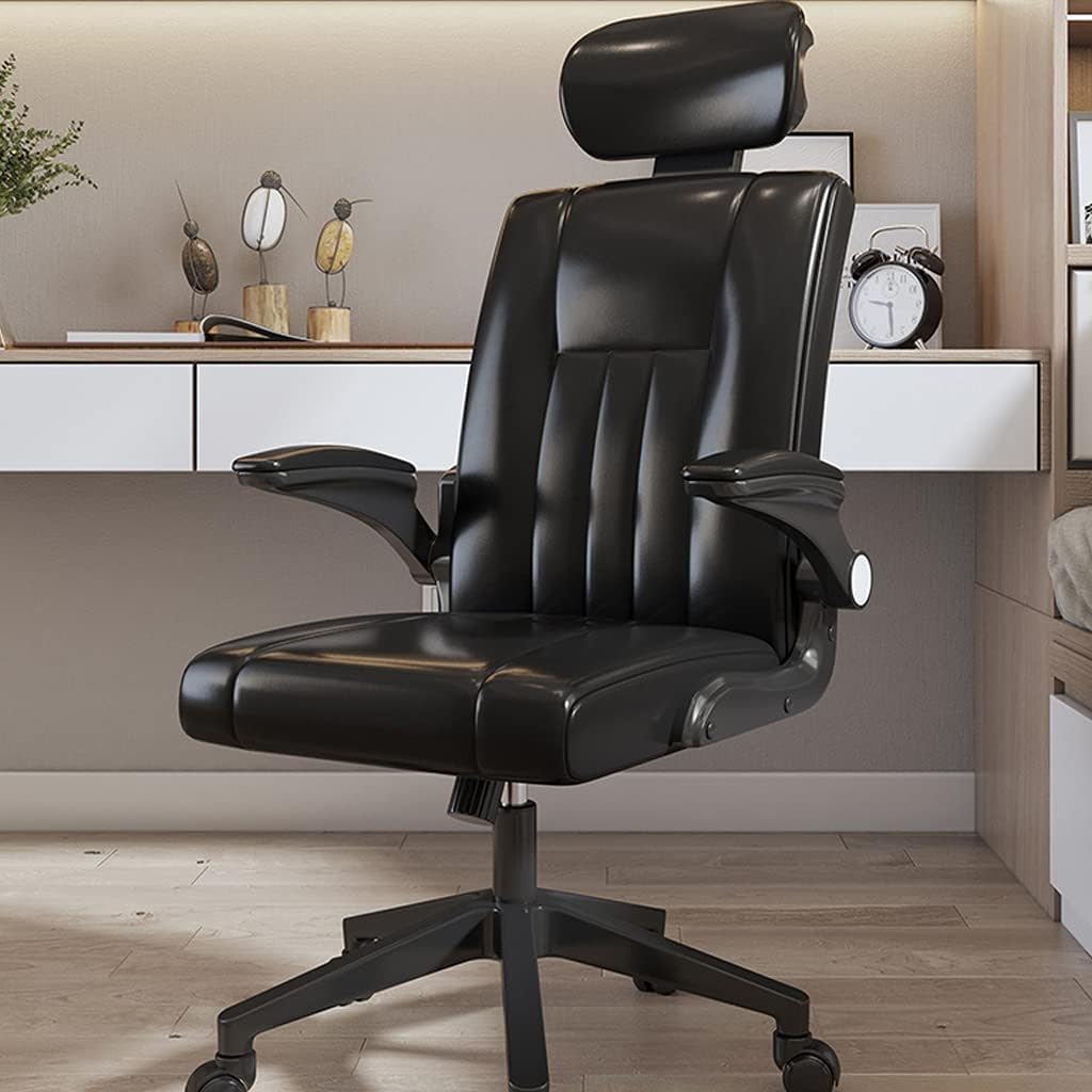 Ergonomic Office Chair, Household PU Leather Swivel Table and Chair, Adjustable Height Middle Back Recliner, Padded Armrests and Headrest(Off-white, Black)