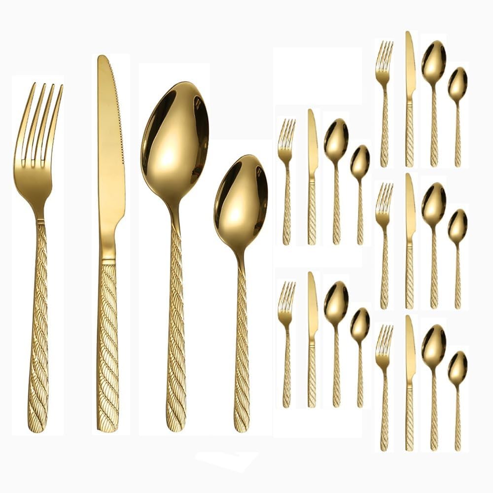 Manico Per Fiori Filettato Cucina Posate in Acciaio Inossidabile Stoviglie Posate Coltelli Forchette Cucchiai Set Set Regalo Per Lucidatura A Specchio (Oro,24 pezzi)