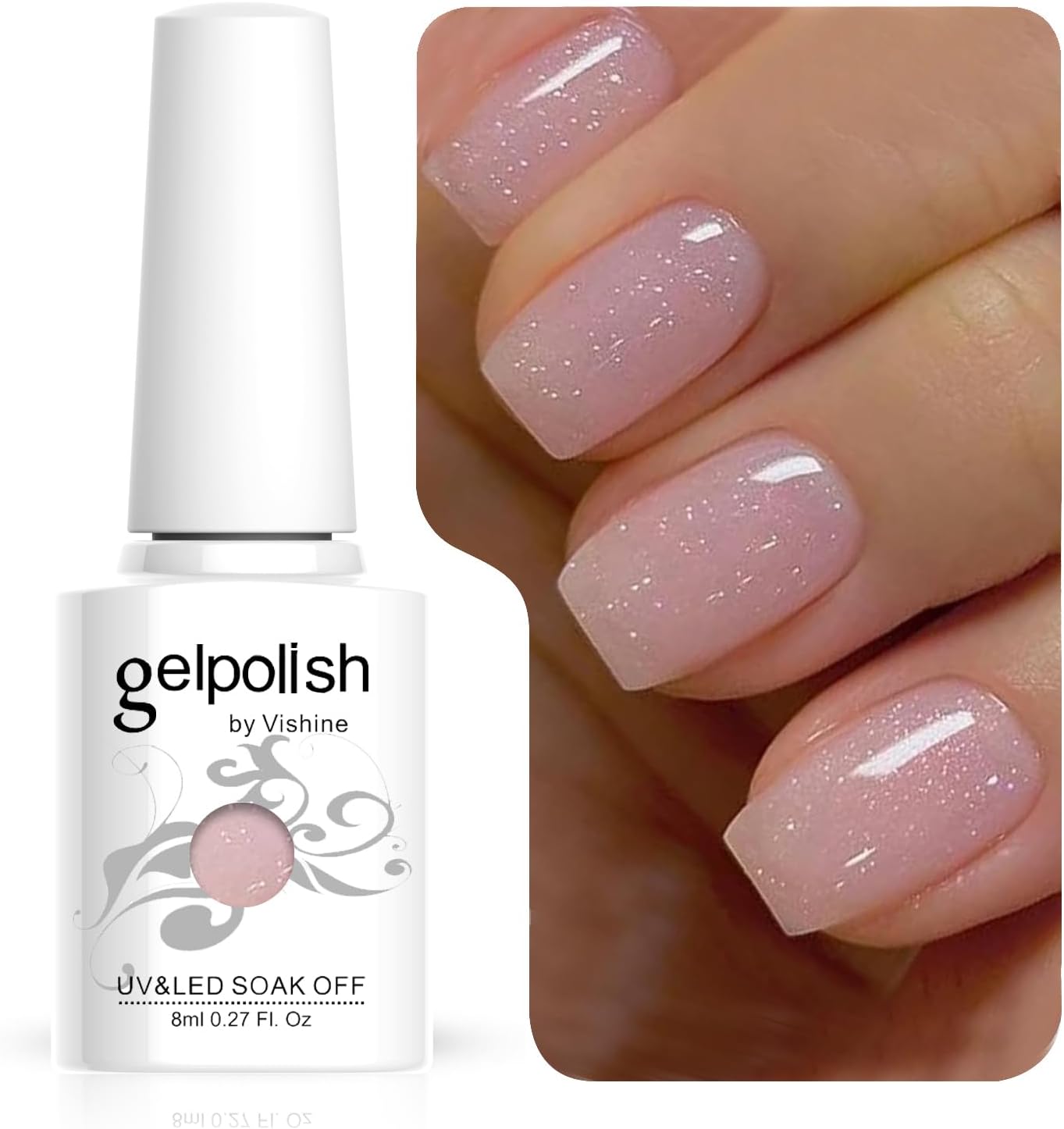 Glitter Nude Pink Gel Polish Iridescent Shimmer Jelly Neutral Color Skin Tone Clear Pink 8ml Sparkle Pink Natural Soak off UV LED Cured for Home Salon DIY Nail Art E030