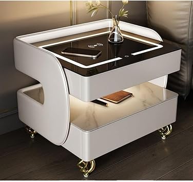 Smart LED Nightstand, Tempered Glass Top End Table with Speaker and Storage Drawers, Nightstand with Wireless Charging,A,50 * 40 * 51cm
