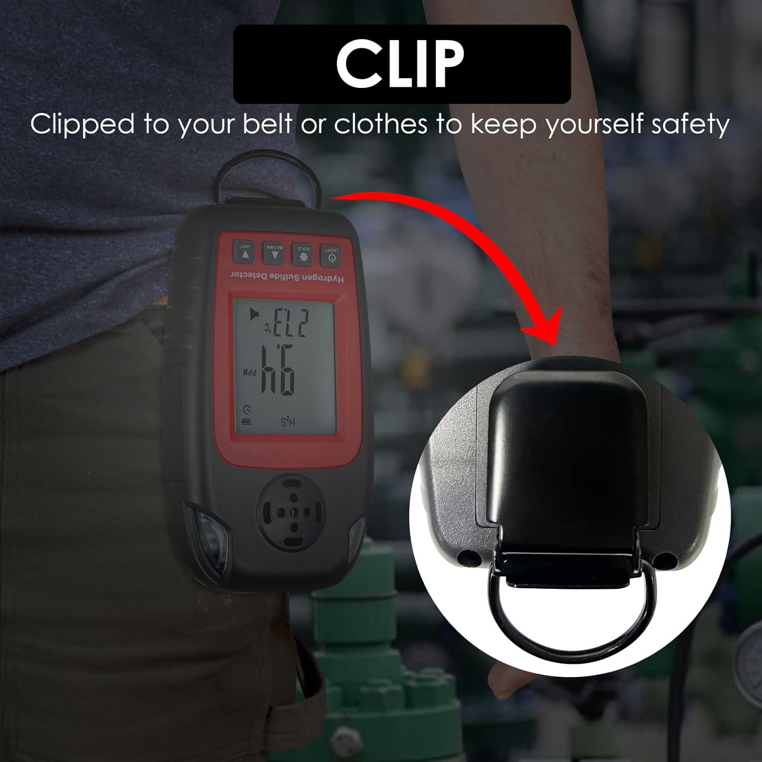 DANOPLUS H2S Monitor clipped to clothing.