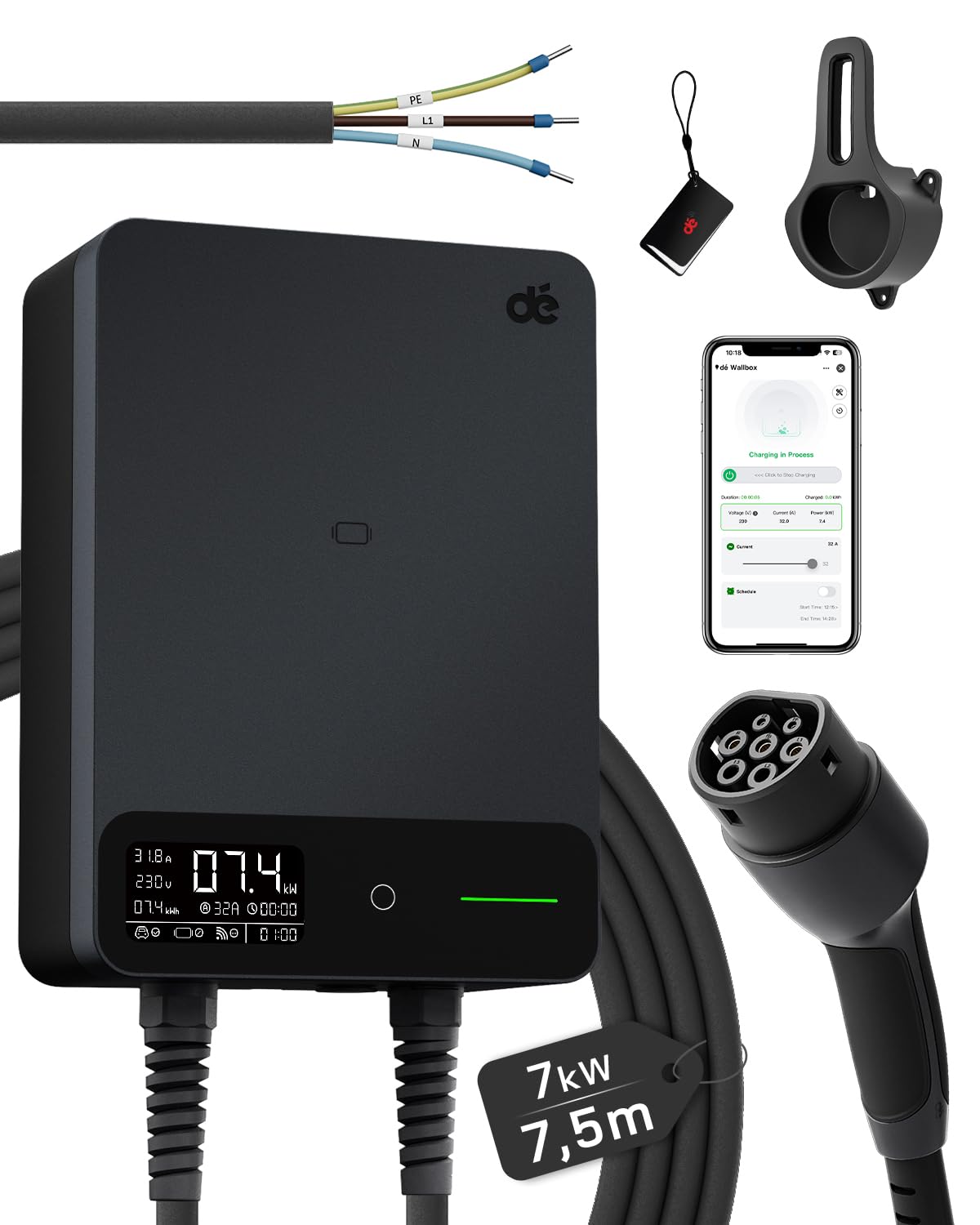 dé Borne de Recharge Véhicules Électrique 7kW avec APP, Câble Type 2 7,​5m, RFID, Borne de Recharge 6-​32A 230V, Wallbox 7kW avec RCD Type A 30mA AC + 6mA DC, IP54, pour E-​208 & Autres BEV/​PHEV, Noir