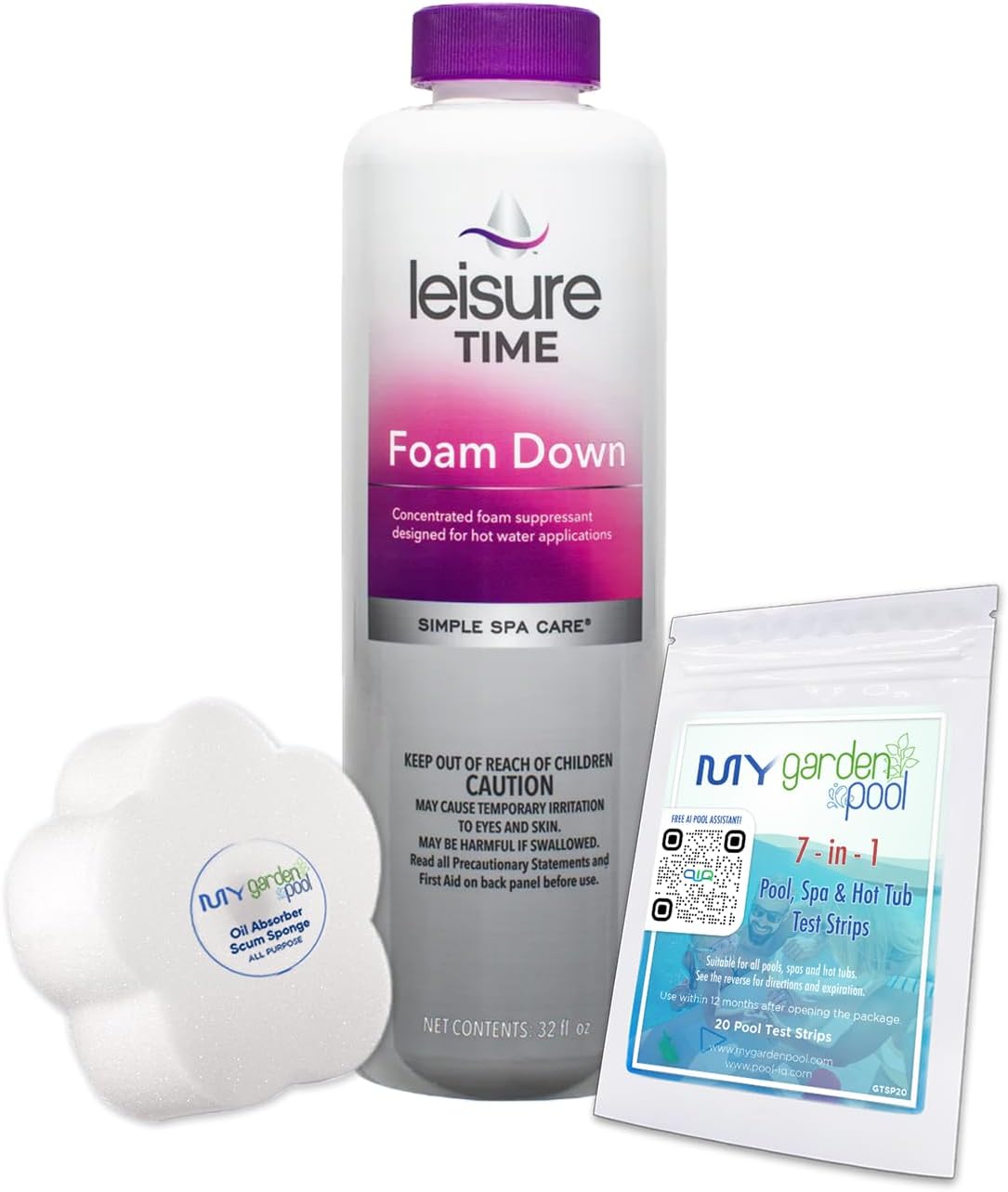 Leisure Time 30241A Foam Down Spa Care 32oz - 1QT - 2 Pack - Cleaning for Spas and Hot Tubs with My Garden Pool 20 Ct. Test Strips
