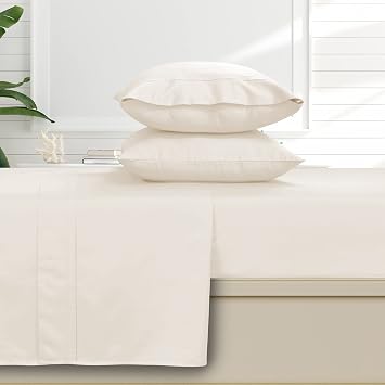 Tribeca Living Solid Sheets Set, Soft Egyptian Cotton Sateen Deep Pocket Bedsheets and Matching Pillowcases, 500 Thread Count, 4-Piece Luxury Bedding, Queen, Ivory