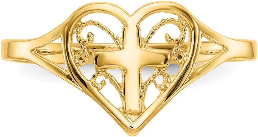 Solid 14k Yellow Gold Polished Love Heart w/Cross Crucifix Ring (2mm)