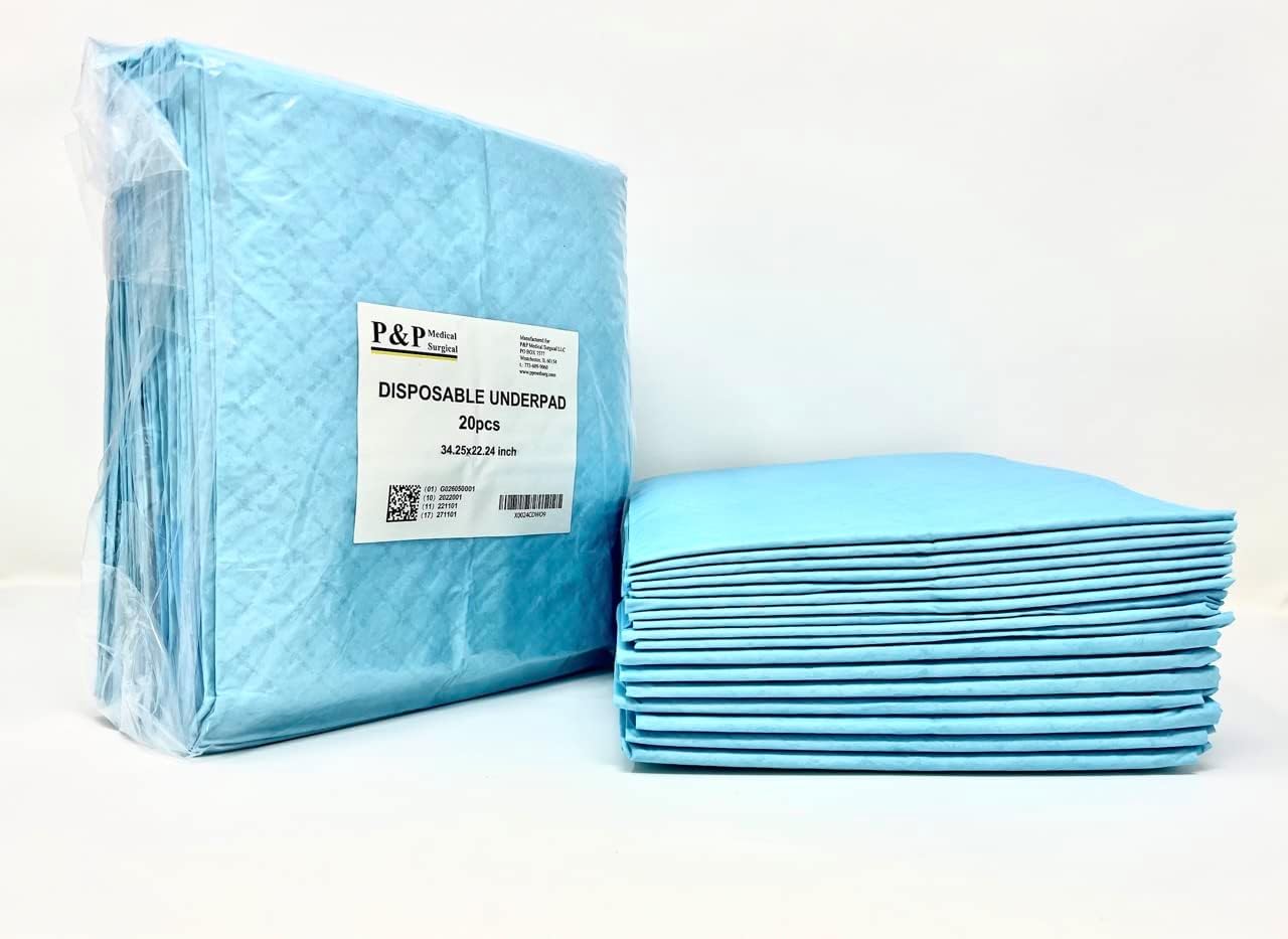 Disposable Underpads 34”x22” Incontinence Bed Covers Pads Pet Training Ultra Thick by P&P Medical Surgical Super Absorbent & Waterproof Protection for Kids Infants Adults Elderly Baby (100)