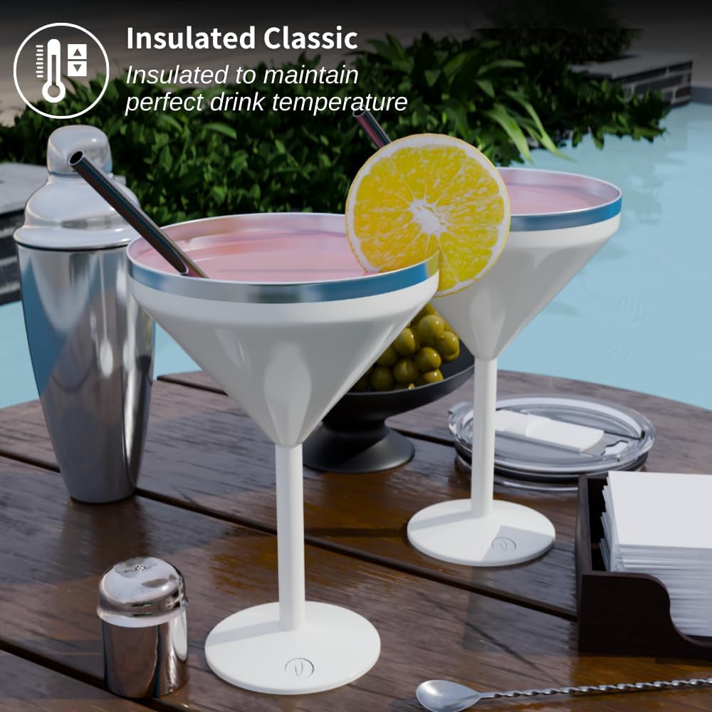 Insulated Martini Glass Set of 2 – 8 oz Stainless Steel Unbreakable Cocktail Glasses, Stemless Double Wall Martini Cups with Straws & Picks, Cute Cream – Mother’s Day Gift for Mom, Women
