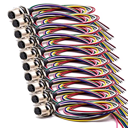 10PCS Sensor Receptacle M12 8 Pin Connector Waterproof A Coded Aviation Socket Female Straight Non-Shield Solder Type Back Mount Shiled Wiring 0.2M(0.656ft) Wireable Cable Industrial Round Connectors