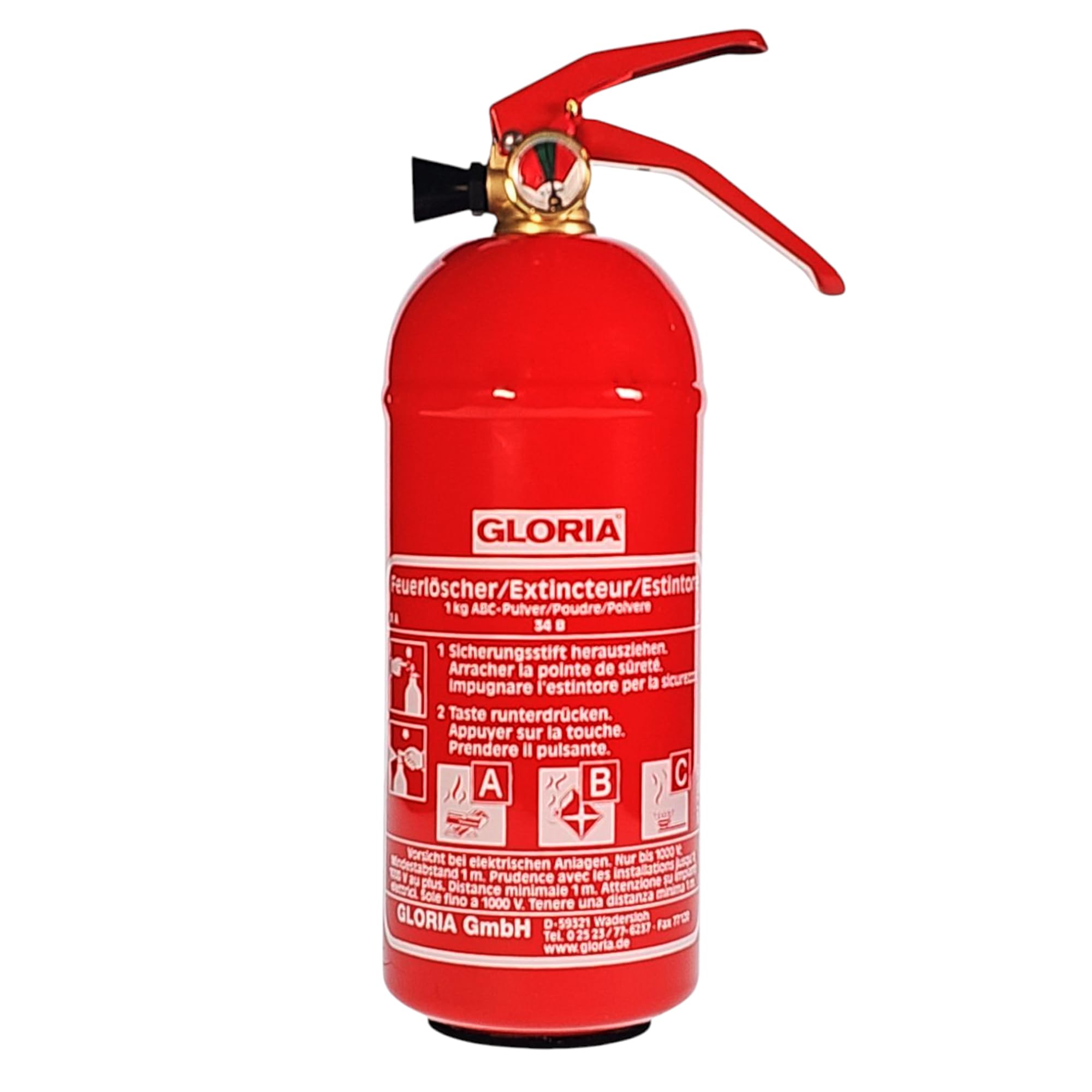GLORIA - 1kg Pulver-Autofeuerlöscher - PDE 1 GA - mit Manometer - mit Kfz-Halterung - für die Brandklassen A,B,C - inkl. Prüfnachweis