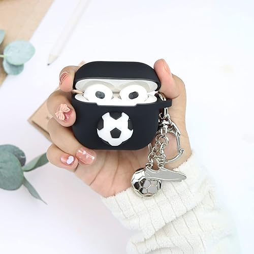 Miniatura 3 de Wonhibo Funda para Airpod de 3ª generación para hombres y niños, funda de silicona negra de fútbol 3D para Airpods 3 Gen 2021 con llavero