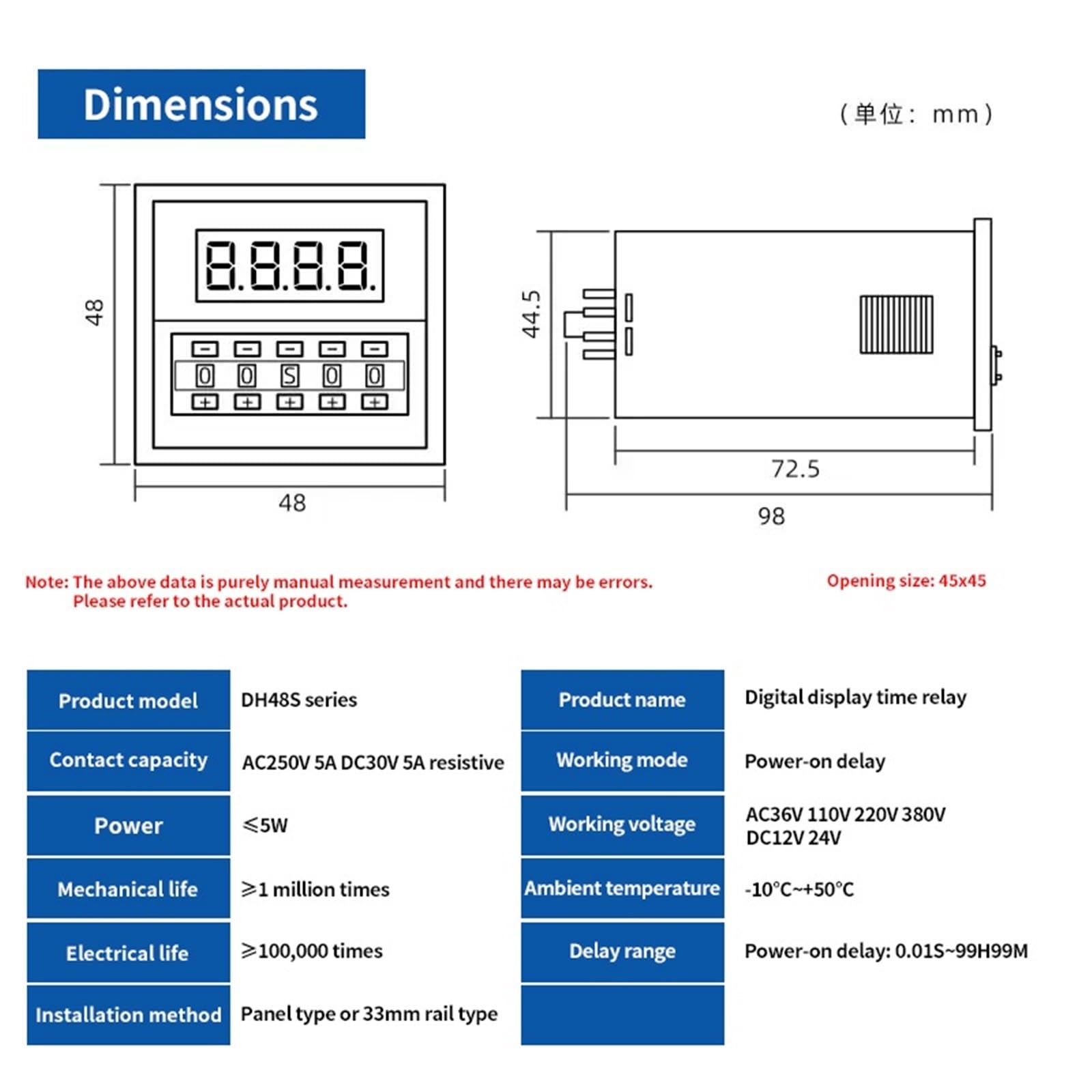 Interruptor de relé Temporizador programable LED Digital DH48S-2Z 0,01 S-99H99M con Base de Enchufe AC/DC 12V 24V 220V 380V Temporizador de retardo(12V ACDC)