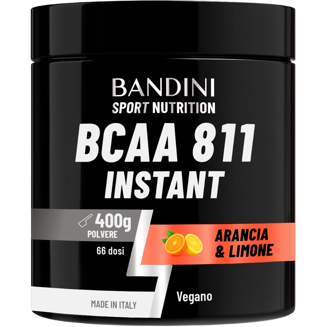 Bandini® BCAA POWDER 8 1 1 Integratore di Aminoacidi Ramificati in rapporto 8:1:1 da 400g - Polvere Aromatizzata al gusto di ARANCIA e LIMONE - Palestra, Sport, Pre Intra e Post Workout - 100% Vegan