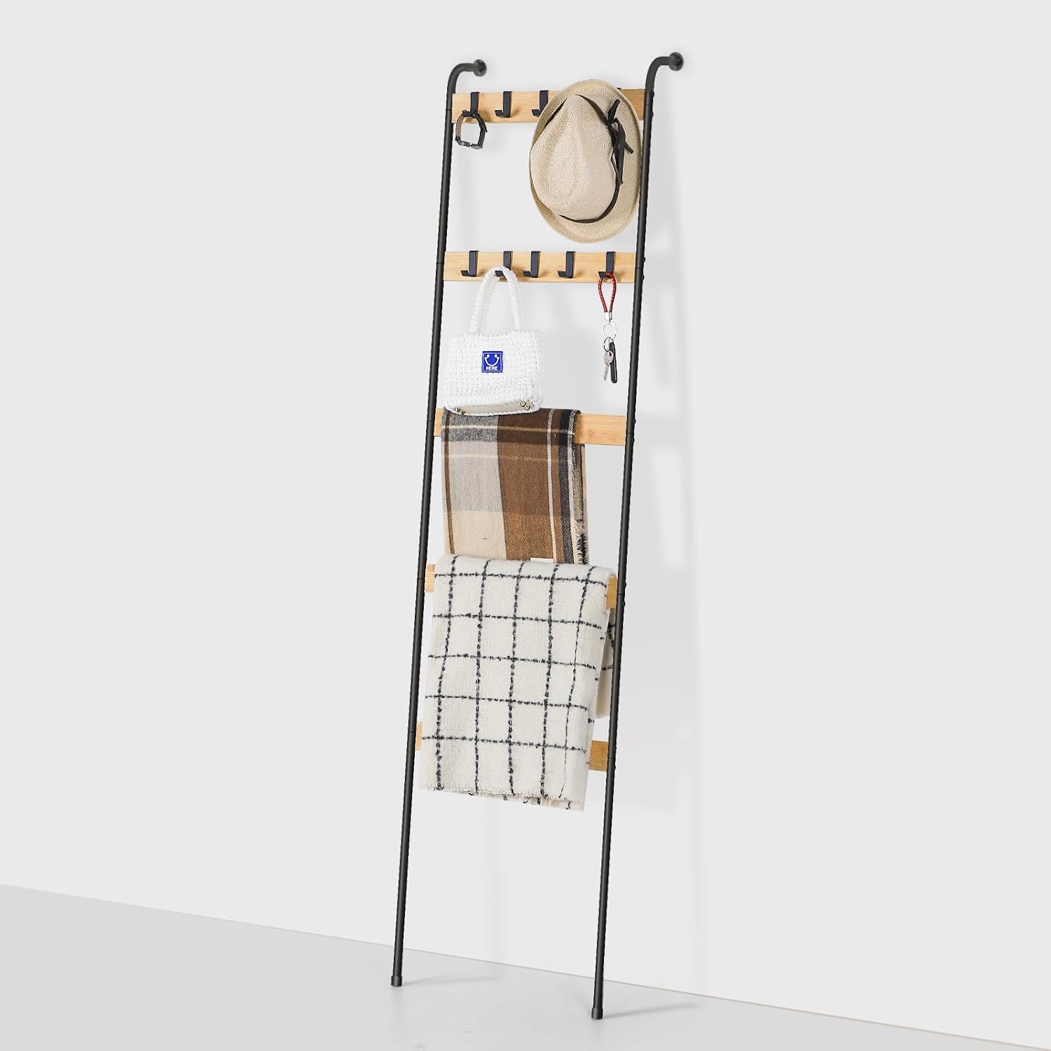 Bamboo Ladder Blanket Rack, 5-Tier Towel Racks with 10 Removable Hooks