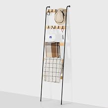 Bamboo Ladder Blanket Rack, 5-Tier Towel Racks with 10 Removable Hooks | Blanket Storage for Living Room, Wall Leaning Quilt Hanger for Wall for display, Rustic Farmhouse Decor, Easy Assembly