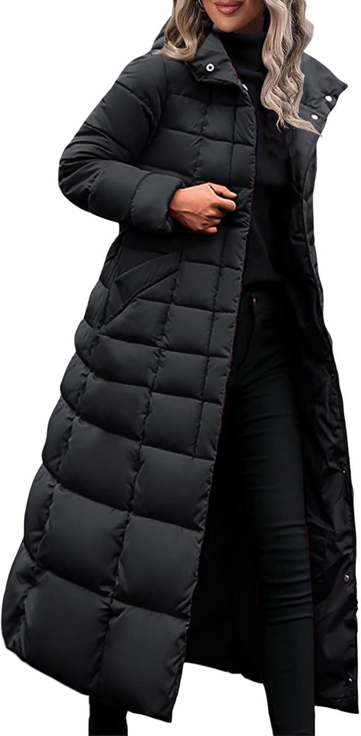 Long Puffer Jacket Womens Hooded Warm Winter Down Coat Heavyweight Puffer Jackets Zip Up Padded Outwear with Pockets