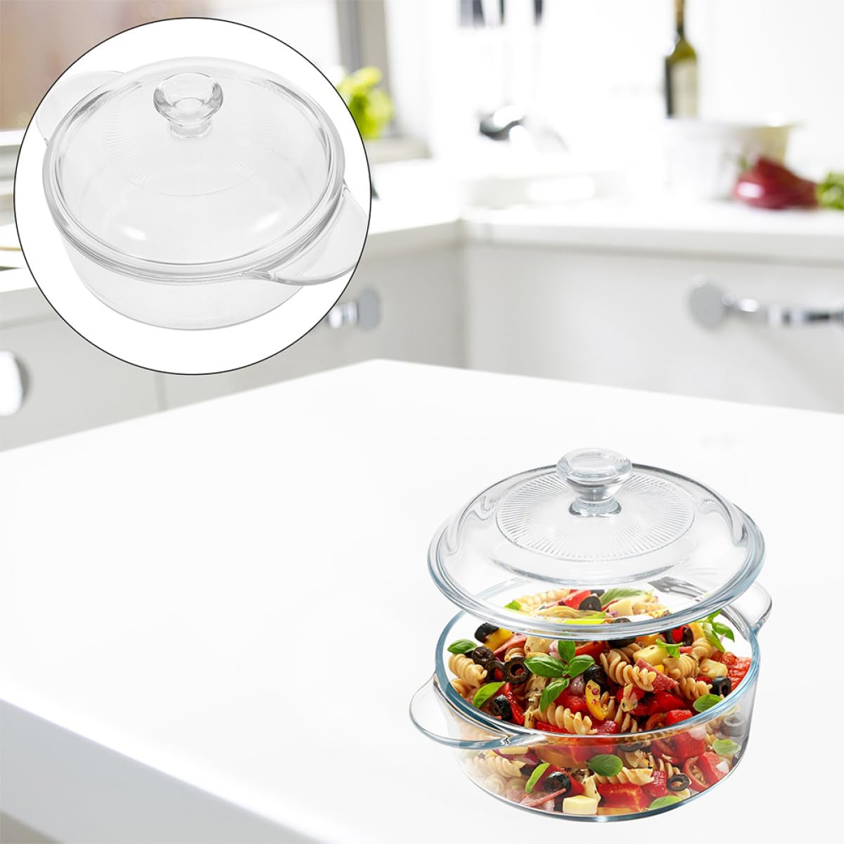 Bol de Vidrio Resistente al Calor de 1.7 litros con Tapa Transparente, Adecuado para Ensaladas y Postres, Duradero y Fácil de Limpiar para Uso Diario