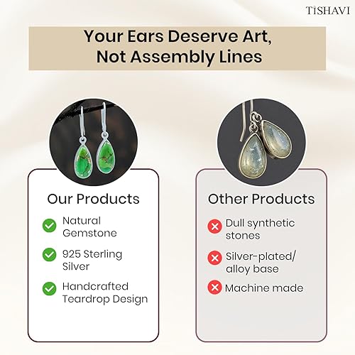 Miniatura 8 de TISHAVI 925 sterling silver leverback dangle trendy earrings for women, Copper Turquoise - bluegreenoyesterpurple teardrop gemstones, hypoallergenic