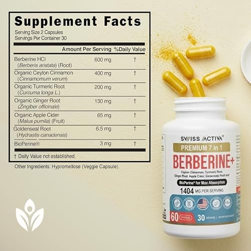 Miniatura 8 de Swiss Activa+ Labs Suplemento 7 en 1 de berberina orgánica con bioperina | Canela de Ceilán | Raíz de cúrcuma | Raíz de jengibre | Vinagre de sidra