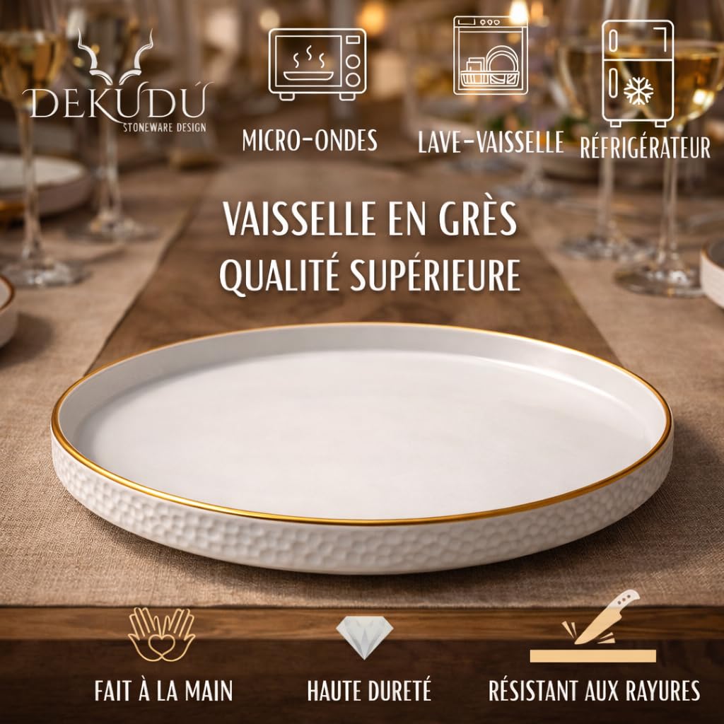 Assiettes plates Assiettes Service de Table Céramique en Grès de Qualité - Fait à la main - 6 pièces ∅ 20 cm-Résistant-va au lave-vaisselle micro-ondes - Vaisselle et arts de la table-Blanche