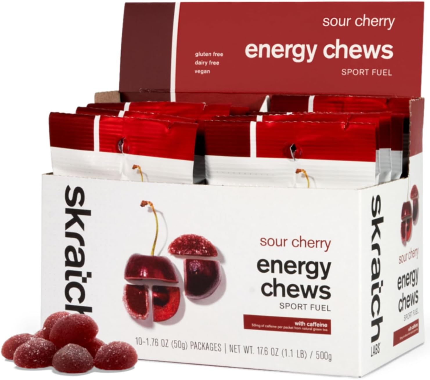 Sport Energy Chews, Sour Cherry with Caffeine (10 Pack) - Developed for Athletes and Sports Performance, Gluten Free, Dairy Free, Vegan