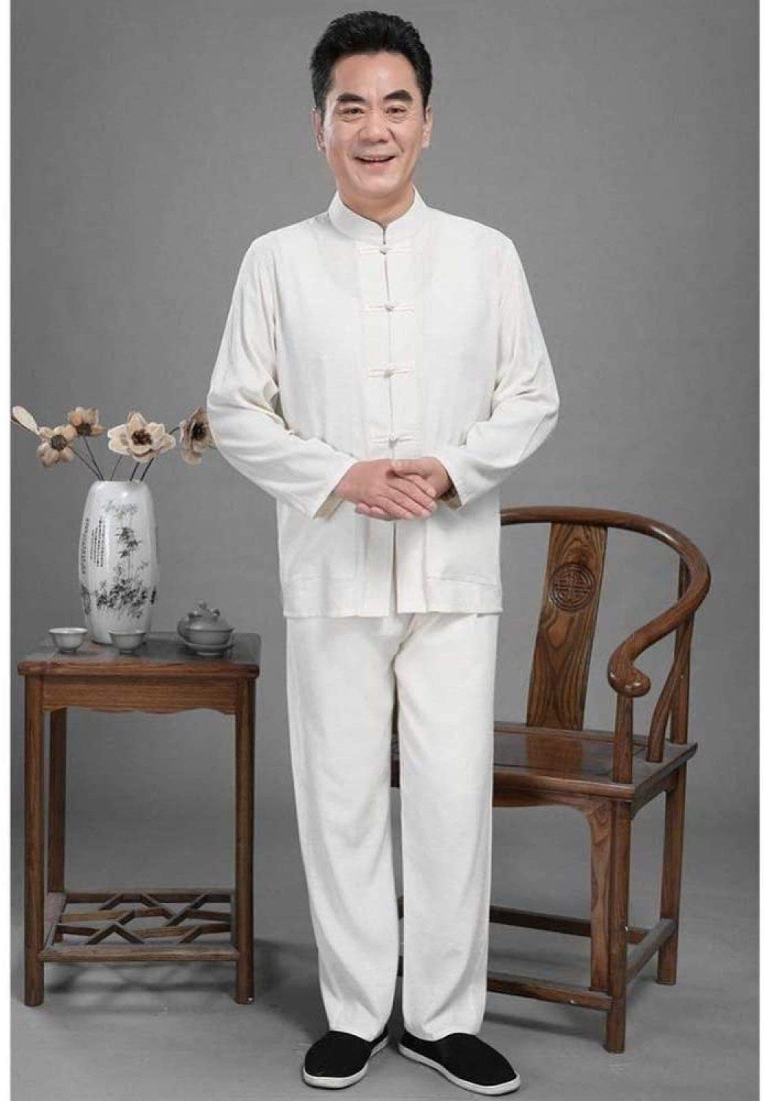 Tai Chi Uniform Men, Cotton Linen Tai Chi Set-dwa kawałki chiński tradycyjny strój tang sztuki walki koszule spodnie, biały-L