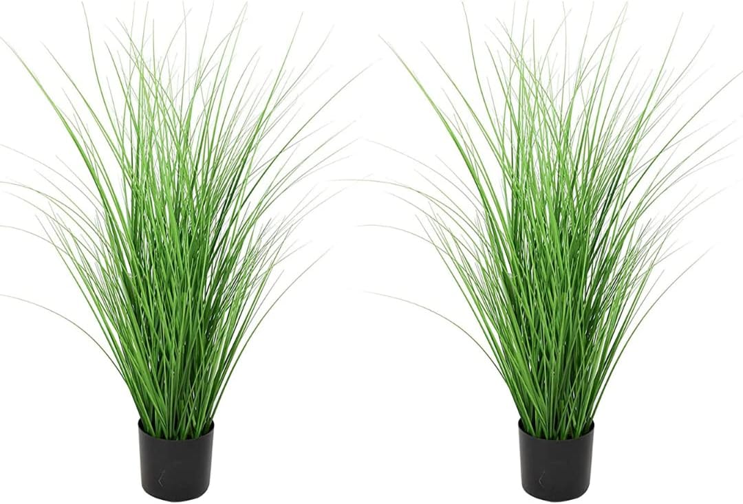 Artificial PVC Grass Plants with Black Plastic Planter, 47” Tall – Set of 2 Potted Plant for Home Office Garden Patio Pathway Front Porch Farmhouse Décor