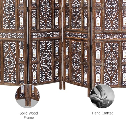 Image of Classic Wood and Craft Wooden Room Divider Partition for Living Room, Privacy Partition, Partition Wall, Divider for Makeup Studio /Office (4 Panels - Bell Hanger)