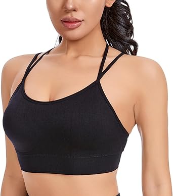 Womens Plus Size Sexy Criss Cross Back Strappy Sports Bras, Light Support Molded Cup, Seamless Padded Yoga Bra